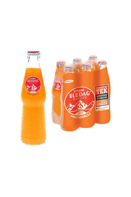 Legendary Uludag Gazoz Orange 250 ml bottles 6 pack. Turkish Carbonated Drink Uludag Gazoz Orange.